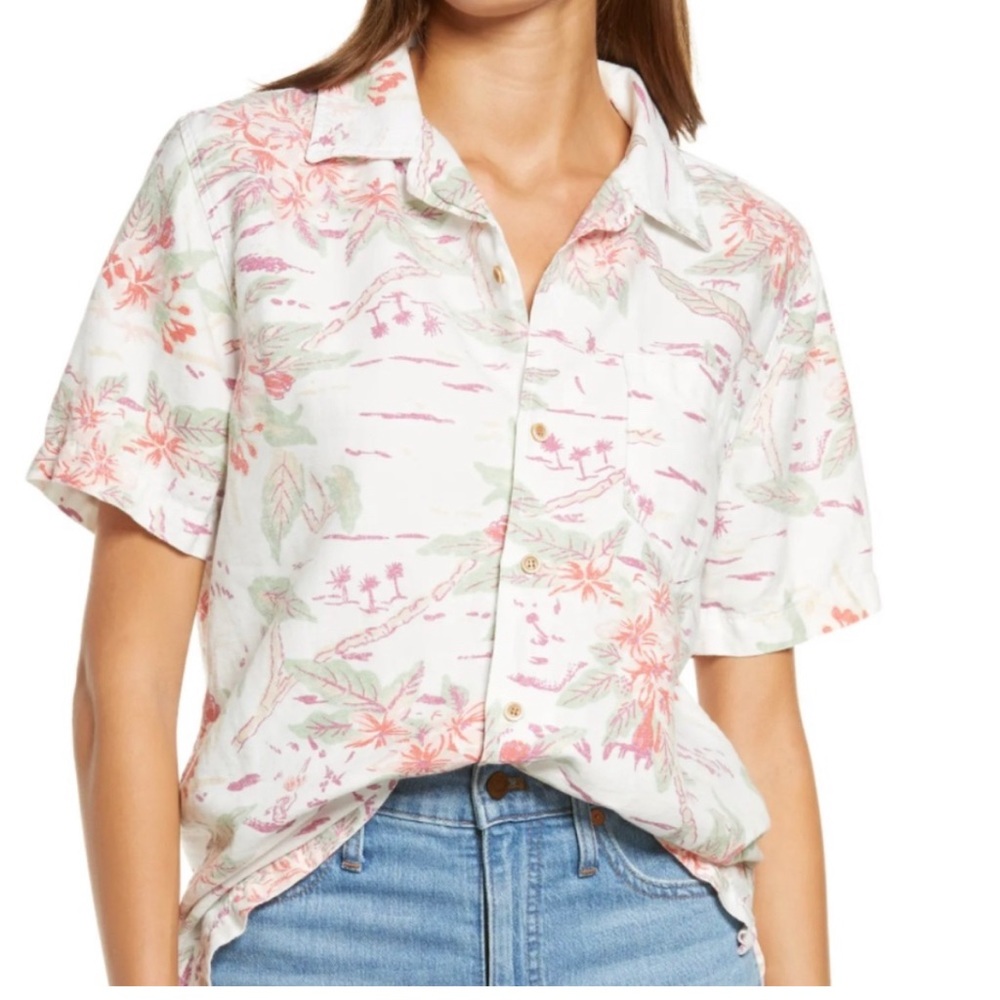 Mother The Islander Short Sleeve Cotton & Linen Blend Button-Up Shirt in Aloha S